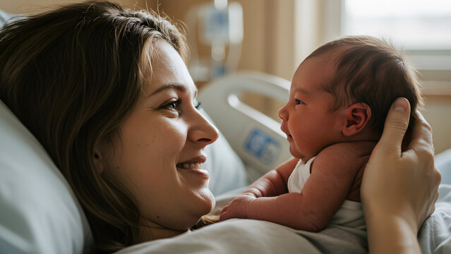 New mother joyfully gazes at her newborn baby, embracing the precious bond and tender moments in a hospital room setting generative ai.
