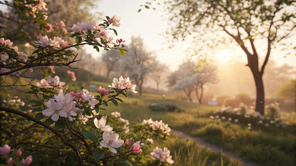 Fototapeta premium Serene spring morning awakens with delicate blossoms and golden sunlight painting a tranquil garden path with soft, warm glow generative ai.