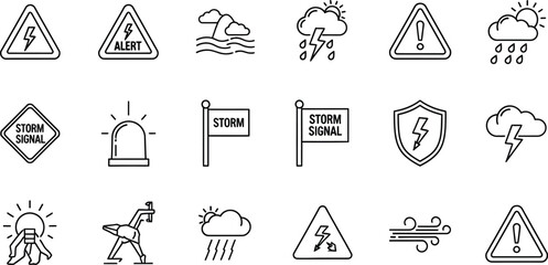 Vector art of a collection of storm and weather warning icons isolated on white background