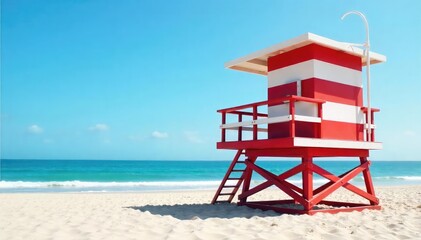A classic red and white striped lifeguard tower stands tall on a sandy beach, overlooking a calm ocean under a clear blue sky Perfect for summer, vacation, and safety themes , calm, waves, structure