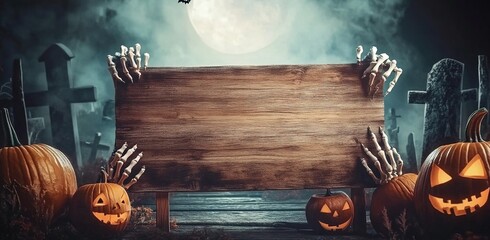 Halloween background with a wooden sign board, the hand of a zombie holding the wood, jack-o'-lanterns on a graveyard in the dark night, banner template design for advertising, posters
