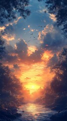 River at Sunset Through Trees with Birds Flying