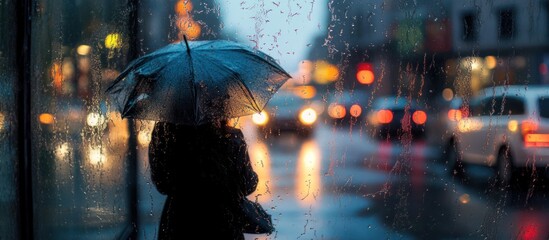 Rainy city street seen through a window