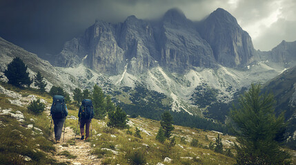 Two enthusiastic hikers trekking together in the majestic mountains surrounded by scenic beauty