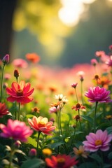 Fototapeta premium A dreamy, out-of-focus image of a vibrant floral garden, bathed in soft sunlight, creating a tranquil and serene atmosphere Perfect for backgrounds, websites, or calming visuals , soft focus, white