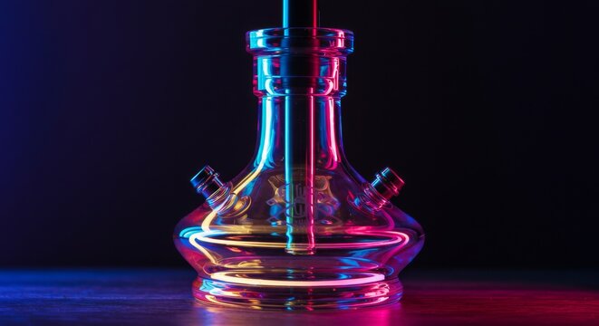 Vibrant colorful glass hookah with neon reflections on dark background, emphasizing modern smoking culture, shisha, electronic smoking accessories, and nightlife ambiance