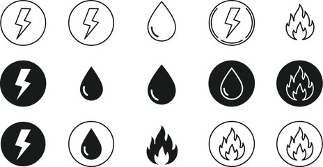 Vector art of a collection of fire, water, and lightning icons isolated on white background