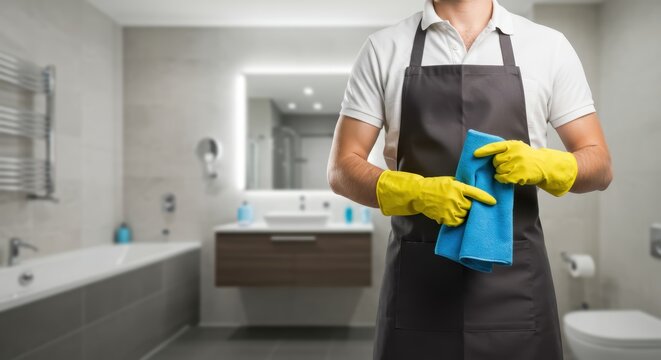 A man wearing an apron standing in a bathroom holding a cleaning mop