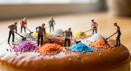 Miniature Workers Raking Sprinkles on Giant Donut Playful Food Art.