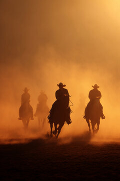 A classic Texas rodeo scene with cowboys riding bucking broncos under a dusty sunset.