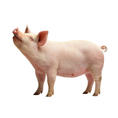 Portrait of a pink pig with its head raised against a black background