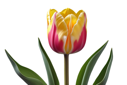 Yellow and pink bicolor tulip flower with green leaves isolated png