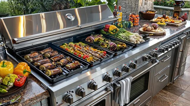 Prepare for a culinary adventure featuring vibrant vegetables and perfectly grilled meats in a stunning outdoor kitchen setup