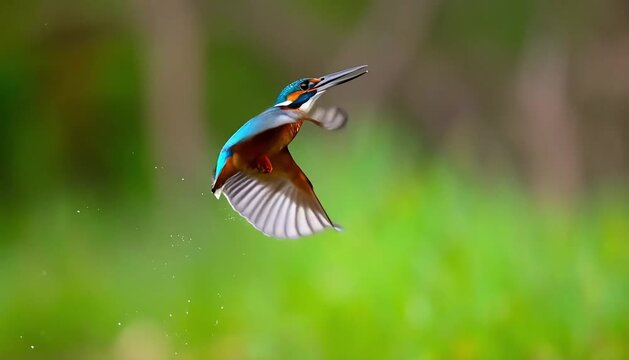 Kingfisher taking flight from water with wings spread in slow motion