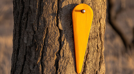 Bright yellow object stuck to the bark of a tree in a lush green forest setting during daylight