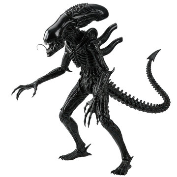 Highly detailed, realistic xenomorph alien queen figurine with glossy black exoskeleton, sharp fangs, predatory stance, on pristine transparent studio background with soft even lighting, no