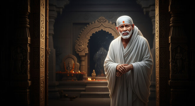 Sai Baba's Serene Presence Amidst Ornate Temple Architecture Radiating Spirituality and Devotion
