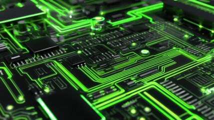 Fototapeta premium Close-up of an electronic circuit board with intricate green neon-lit pathways, black rectangular chips,