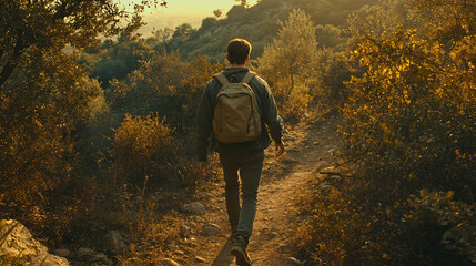 Person walking down a scenic trail surrounded by lush greenery and colorful blossoms in nature