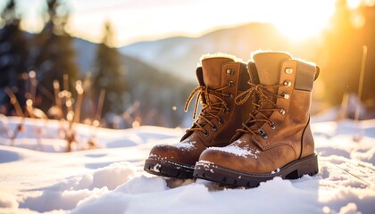 Sturdy leather boots in snow with a mountain view, winter adventure awaits