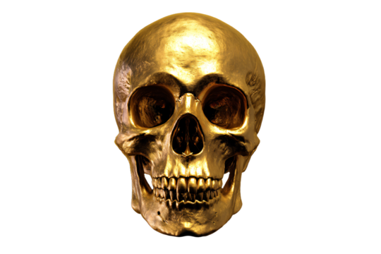 a gold skull with a big smile on it