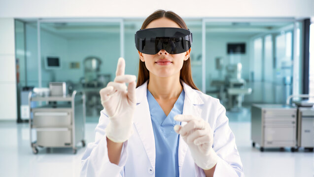 A surgeon uses VR for medical training and simulation. A doctor in a hospital operating room with virtual technology for surgery