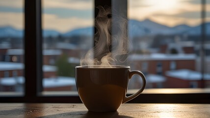 A steaming cup of tea or coffee on a windowsill with a view 