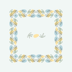 Minimalist square border frame design featuring hand drawn leaves and abstract yellow and blue shapes. Ideal for invitations greeting cards packaging and decorative templates. 