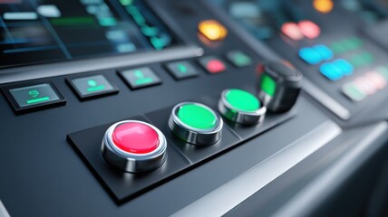 A close-up of industrial control panel with colorful displays, command buttons labeled start or stop,