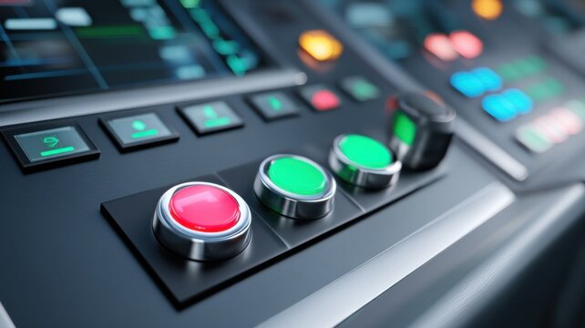A close-up of industrial control panel with colorful displays, command buttons labeled start or stop,