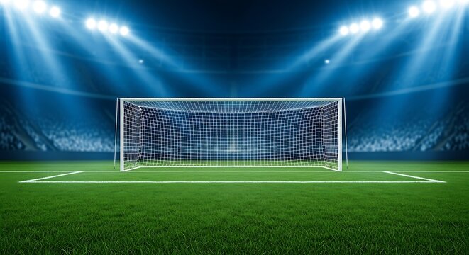 Soccer goal on green field under stadium lights grass