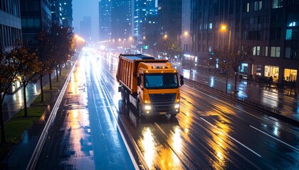 Fototapeta premium Urban Truck Journey: A vibrant orange truck navigates a rain-slicked city road, its headlights cutting through the misty atmosphere, suggesting transportation and urban life.