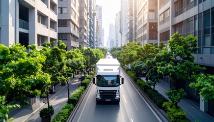 Fototapeta premium Urban Freight Flow: A large truck navigates a modern city, gracefully traversing a tree-lined boulevard, with towering buildings forming a stunning backdrop.