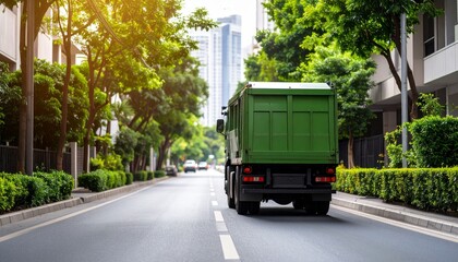 Obraz premium Green Truck on the Road: A sturdy green truck navigates a tree-lined avenue in the heart of the city, signifying waste management and environmental sustainability.
