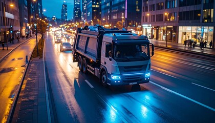 Fototapeta premium Cityscape Truck: A heavy-duty sanitation truck navigates the urban landscape. Reflecting the cityscape lights with a backdrop of skyscrapers and the soft glow of the city at twilight.