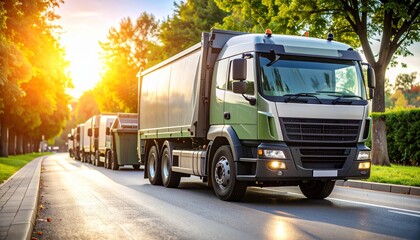 Logistics on the Move: A meticulously captured photograph captures a garbage truck convoy traversing a sun-drenched road, highlighting the essence of waste management in a clear, clean perspective.