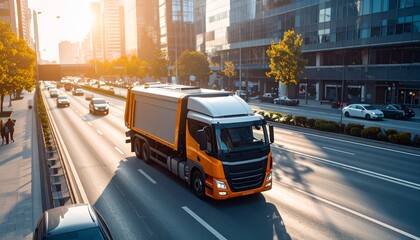 Fototapeta premium Truck on the city highway: An impressive truck navigates a bustling city highway, its presence a vital part of urban logistics and transport. The city’s architecture and energy combine.