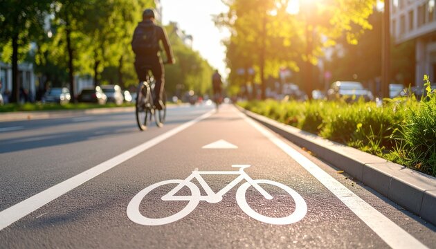 Cycle Path Journey: A cyclist pedals along a dedicated bike lane, symbolizing the freedom and vitality of urban cycling, under the warm glow of the sun.