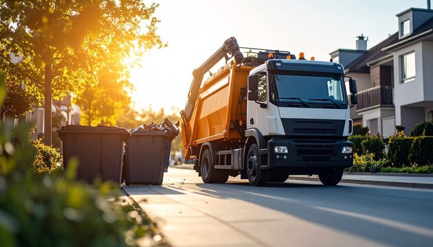 Street Side Garbage Collection: A waste removal truck diligently collecting waste from the roadside in a residential area, ensuring a clean and organized environment.