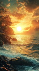 Ocean Sunset with Rocky Shoreline and Golden Sky Landscape