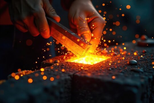 Close-up of glowing hot metal being forged, sparks flying, intense heat radiating The vibrant orange and yellow hues depict the extreme temperatures involved in metalworking , heat, brass, blacksmith