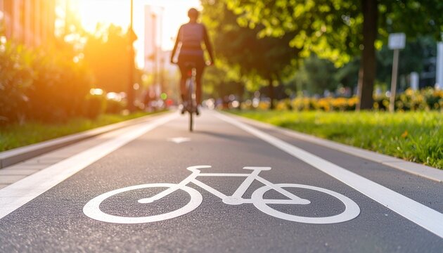 Bicycling Journey: A cyclist glides effortlessly along a dedicated bicycle lane, the sun casting a warm glow on the asphalt. The image captures the spirit of urban mobility and the joy of cycling.
