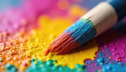 Fototapeta premium Close-up of paintbrush bristles dipped in vibrant acrylic paint, ready for artistic creation Texture, color, and the potential for a masterpiece are highlighted , palette, texture