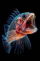 Fototapeta premium Intricate details of a colorful, transparent fish reveal its unique skeletal structure and sharp teeth. This fascinating subject highlights the wonders of marine biology and deep sea life