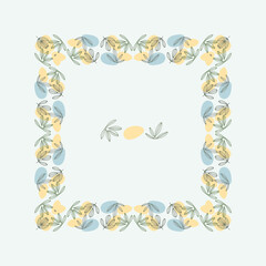 Minimalist square border frame design featuring hand drawn leaves and abstract yellow and blue shapes. Ideal for invitations greeting cards packaging and decorative templates. 
