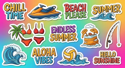 Vibrant summer stickers set embodying beach vacation and recreational activities aesthetics elements