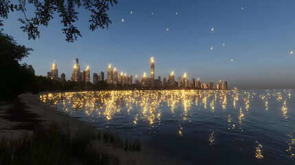 Fototapeta premium City skyline reflected on calm water at twilight. Trees line the shore. Warm golden lights reflect on the water's surface. Stars are scattered across the twilight sky