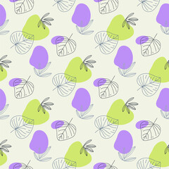 Modern seamless pattern featuring hand drawn linear botanical leaves over soft abstract shapes in green and purple. Ideal for fabric wallpaper wrapping paper and eco friendly design projects. 