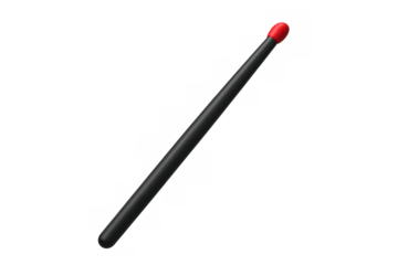 Black drumstick rendered in 3d, featuring vibrant red tip, floating against transparent backdrop for music and gaming applications
