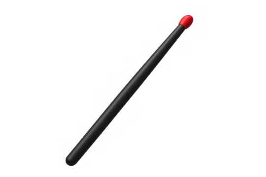 Black drumstick rendered in 3d, featuring vibrant red tip, floating against transparent backdrop for music and gaming applications